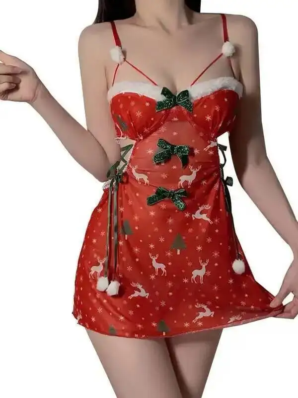 Vestido de Navidad bonito y dulce de malla Sexy, lazo, árbol de Navidad, ciervo, estampado de nieve, tirantes, vestido sin mangas con cordón MWGO