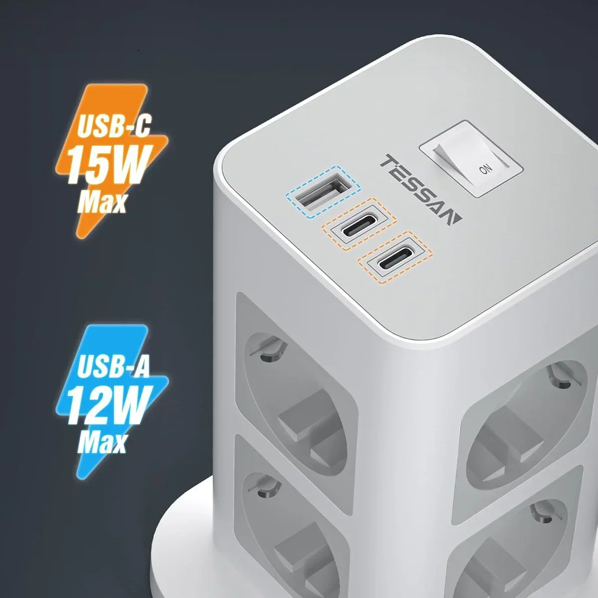 TESSAN Multipresa a Torre con 8 Prese 1 USB 2 Tipo C Presa a Torre Verticale con Prolunga da 2 M Protezione da Sovratensione 