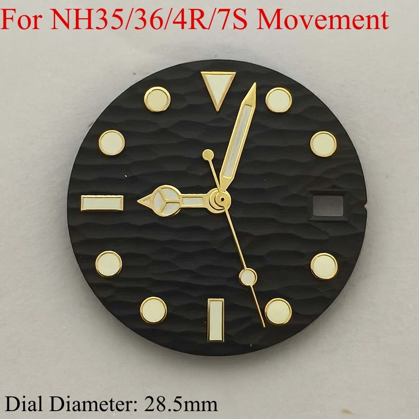 Watch Face Hands for NH35/36/4R/7S Movement Green Luminous Wave Pattern Watch Dial + Watch Hands Accessories