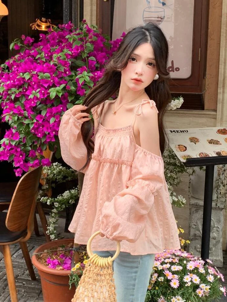 Blouses Women Kawaii Girlish Off-shoulder Design Strap Clothes Holiday Summer Loose Basics Simple Tender Aesthetic Korean Style