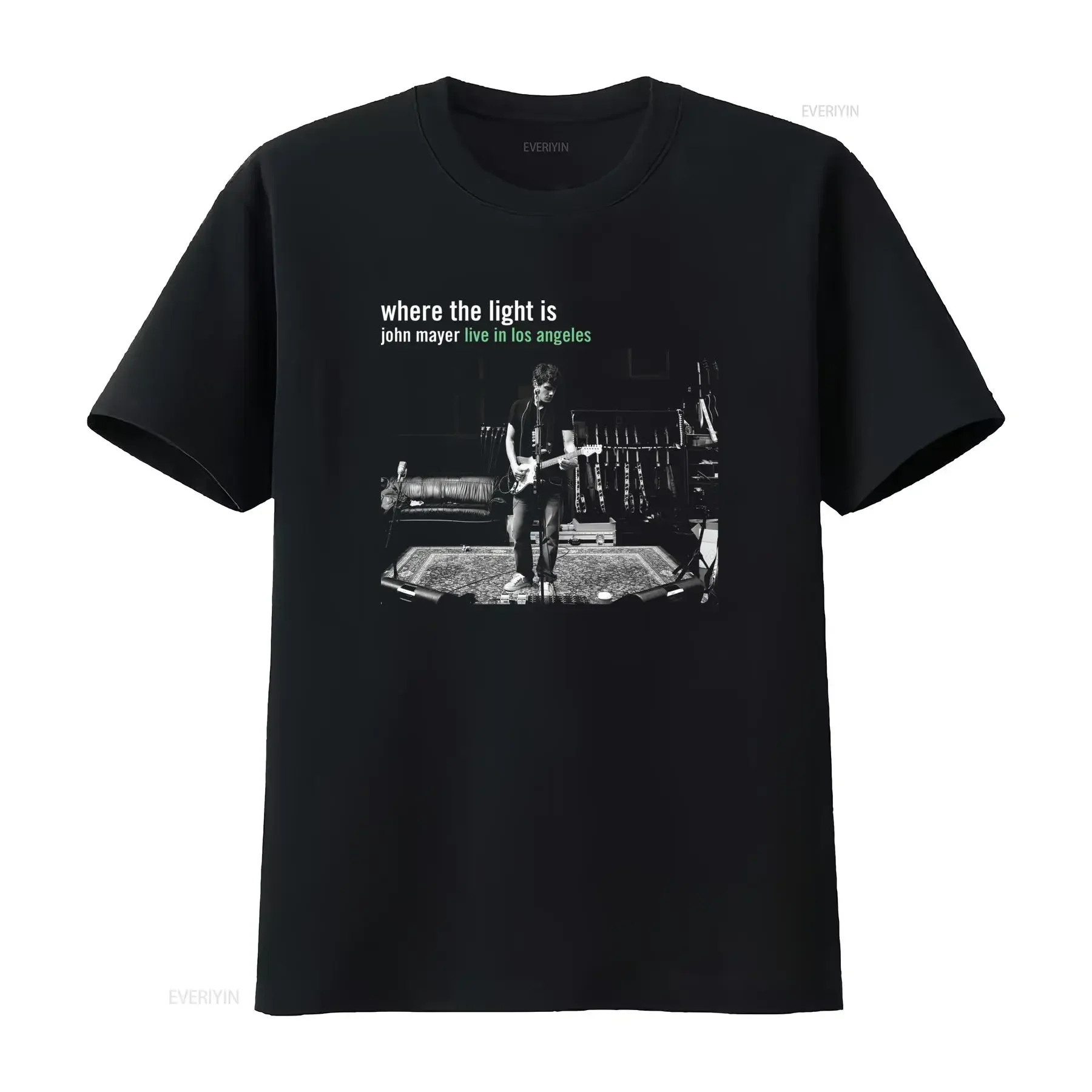Camiseta de algodón con estampado fotográfico en blanco y negro de John Mayer Where The Light Is Live en Los Ángeles, estilo vintage lavado, versátil