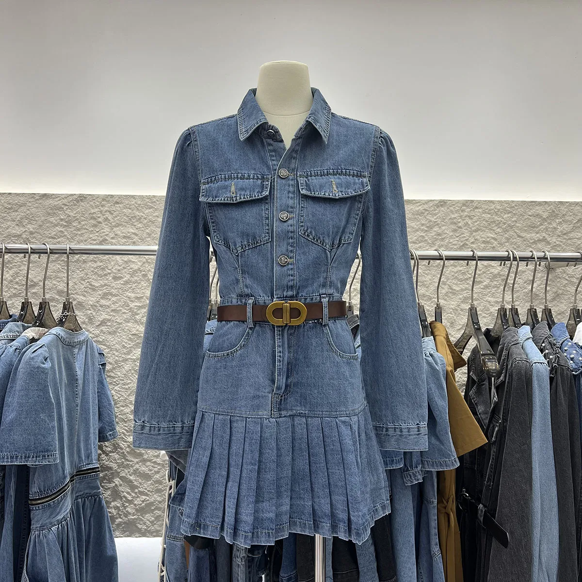 

Spring Autumn New Fashion Long Sleeve Dress High Waist Pleated denim dresses women