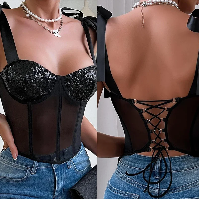 

Sling Lace up suspender sequin backless steel ring gathered waist fishbone top Top women Women summer top Woman clothing Shirts