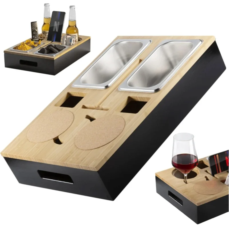 Aufbewahrungsbox und Schubladenbox mit 2 Edelstahlschalen, Korkdeckel, Haushaltsaufbewahrung, Sammlerstücke, abnehmbarer Handyhalter, Bambus, 40x26x8cm, Organizer für Zuhause, Büro, Hotel, Bar, Café,