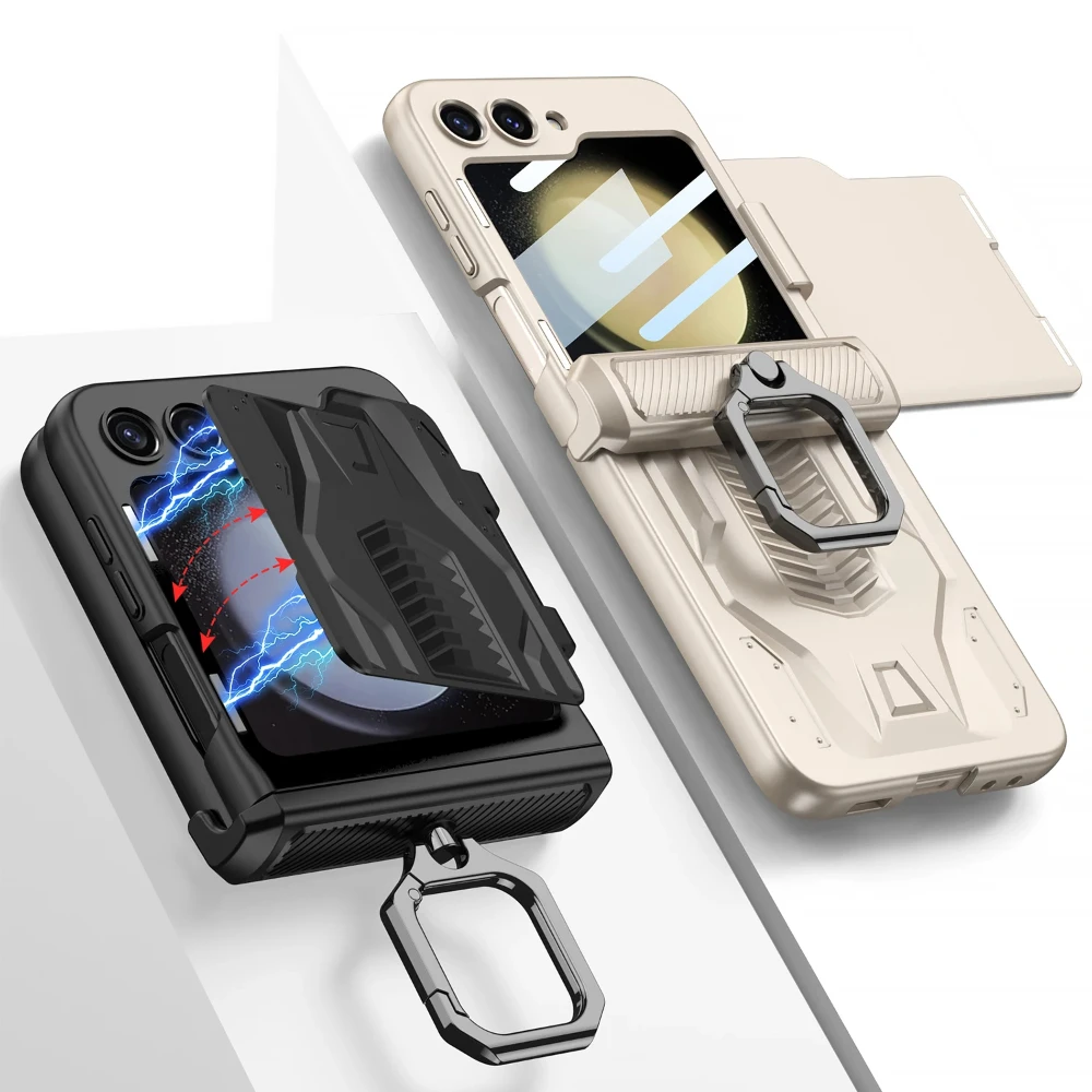 For Samsung Galaxy Z Flip 5 Case Metal Ring Bracket Magnetic Hinge Lens Film All-inclusive Folding Protect Shockproof Hard Cover