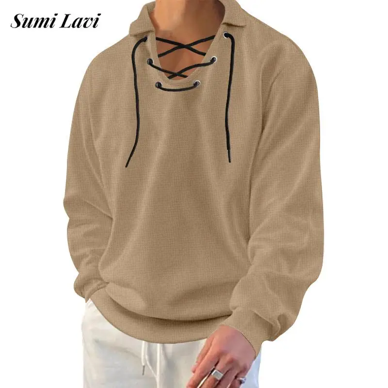 

Casual Mens Knit Tops Long Sleeve V Neck Lace-up Pullover Tops 2024 Spring Fashion Pure Color Loose Lapel Knitted Sweatshirt Men