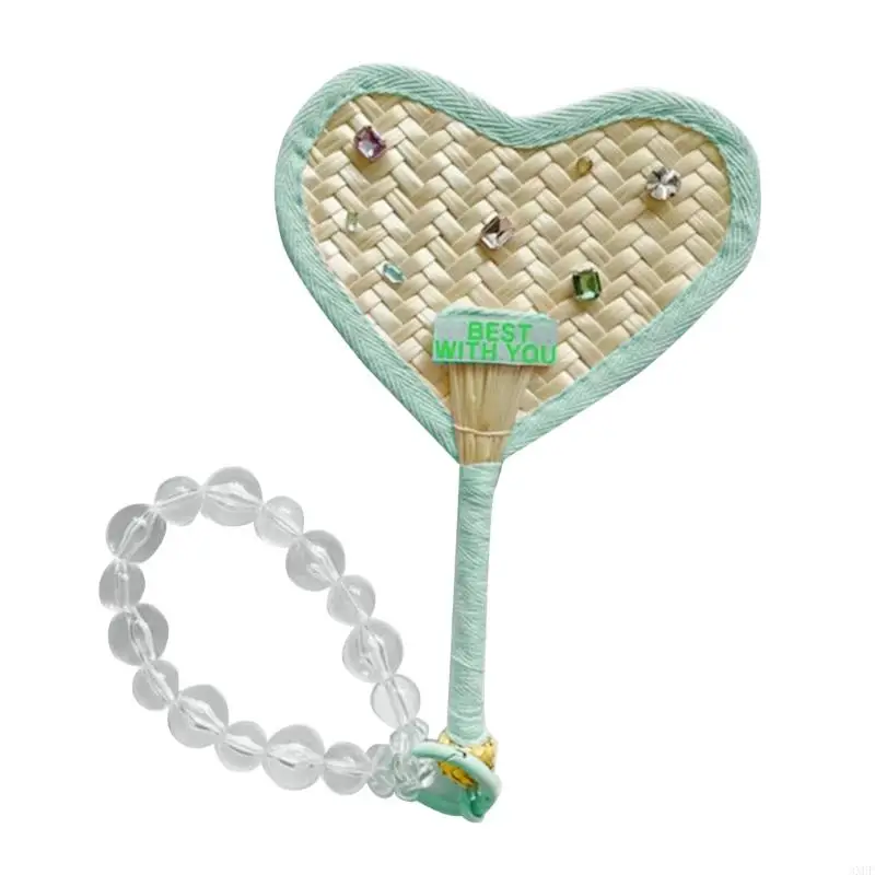 Heart Shaped Fan Hand-madeBamboo Woven Fan with Beaded Bracelet Pendant Summer Cooling Fan Portbale Hand Fan