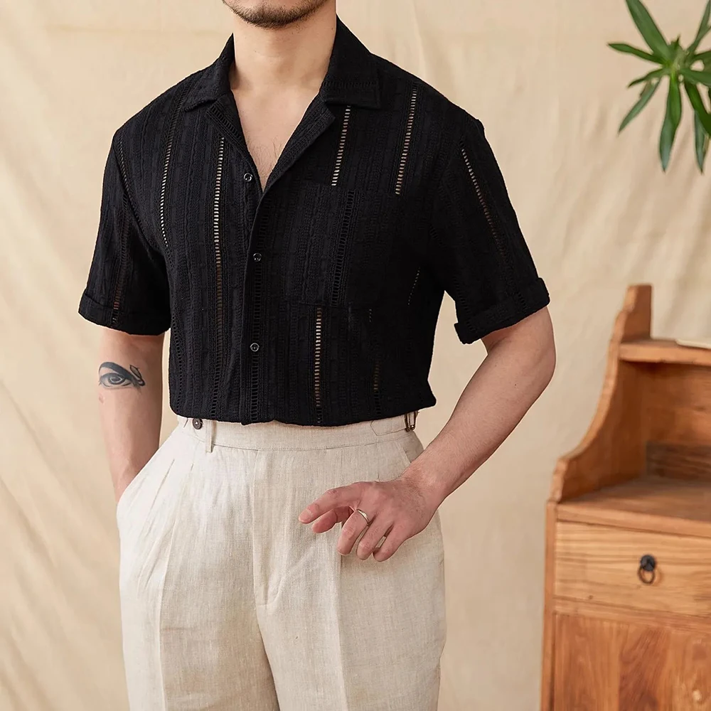 

Mens Shirt Hollow Breathable Casual Vacation Shirt Summer Fashion Plain Thin Beach Short-Sleeved Top Men'S Clothing 2025 New