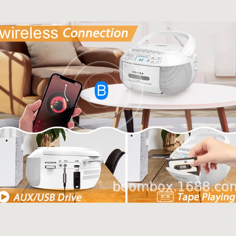 Bluetooth CD Player Home Portable Cassette Tape Recorder AM/FM Radio Boom Box BT Wireless Stereo Speaker TF/USB MP3 Music Player