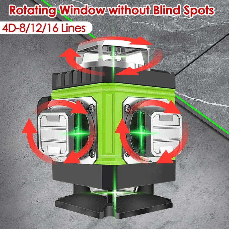 Sinar Laser Hijau Horisontal dan Vertikal Tingkat Laser Garis 4D 8/12/16 360 °   Proyeksi Laser Alat Self-leveling Jendela yang Dapat Diputar