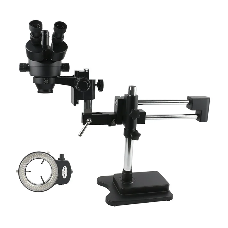 7X-45X Zoom Simul Focal Trinocular Stereo Microscope Double Boom Arm Stand For Industrial PCB Soldering Inspection Lab Detection
