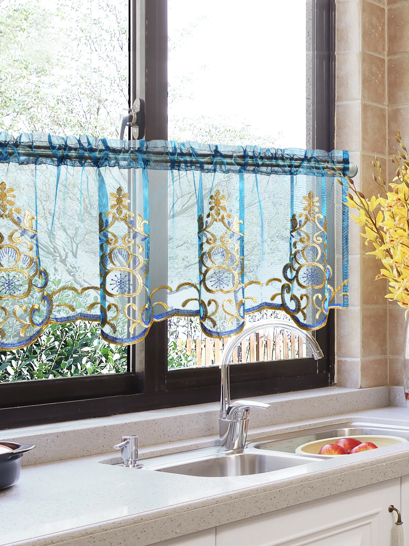 1 PC Embroidery Sheer Valance，Sweet and Cute Style Window and Cabient Short Curtain Decor，Rod Pocket  Half Sheer Kitchen Curtain