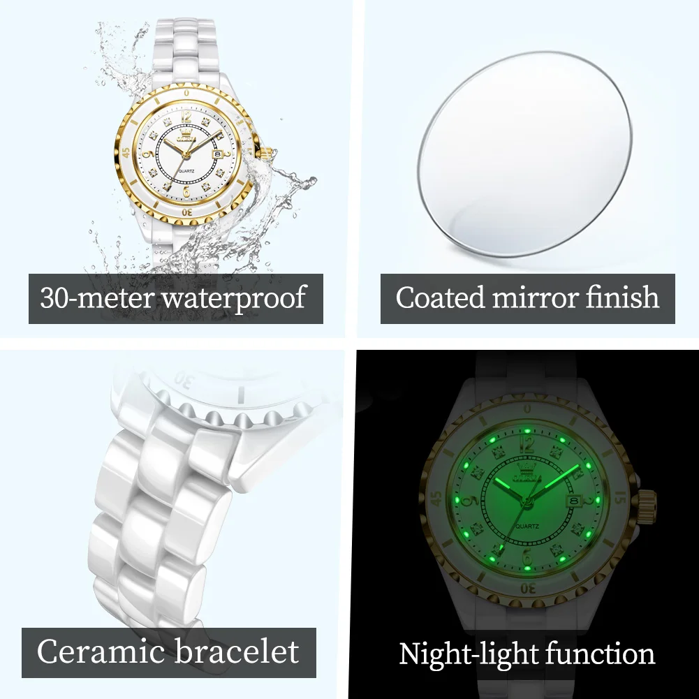 ساعات OLEVS كاجوال تريند للنساء بحزام سيراميك أبيض نقي من أفضل العلامات التجارية الأصلية ساعة يد كوارتز مقاومة للماء وتاريخ مضيء 5658 #5