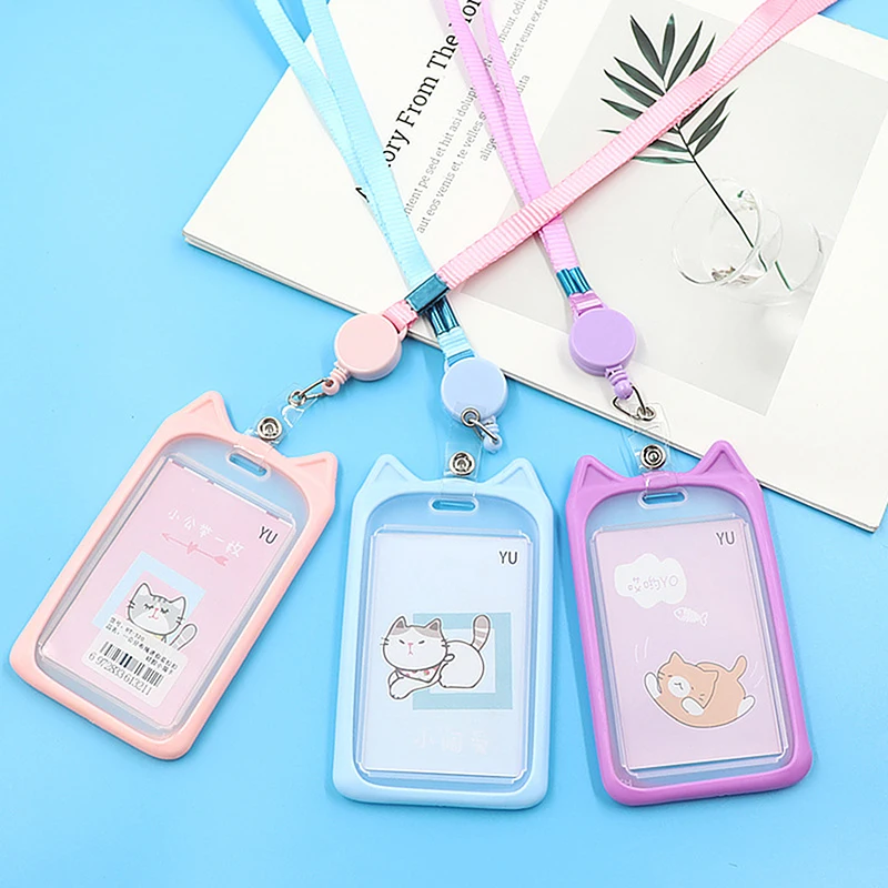 1Pc Cartoon Cat Card Holder Candy Color ID Card Sleeve Retractable Reel Lanyard Identity Credit Cover Case Bank Bus Card Case