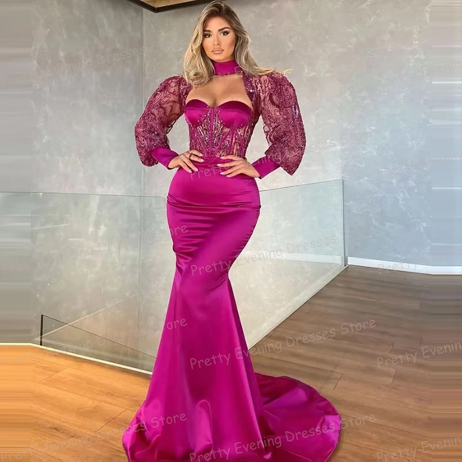 Luxo brilho rosa vestidos de noite sexy mulher sereia vestidos de baile lantejoulas querida manga longa vestidos de noche personalizado