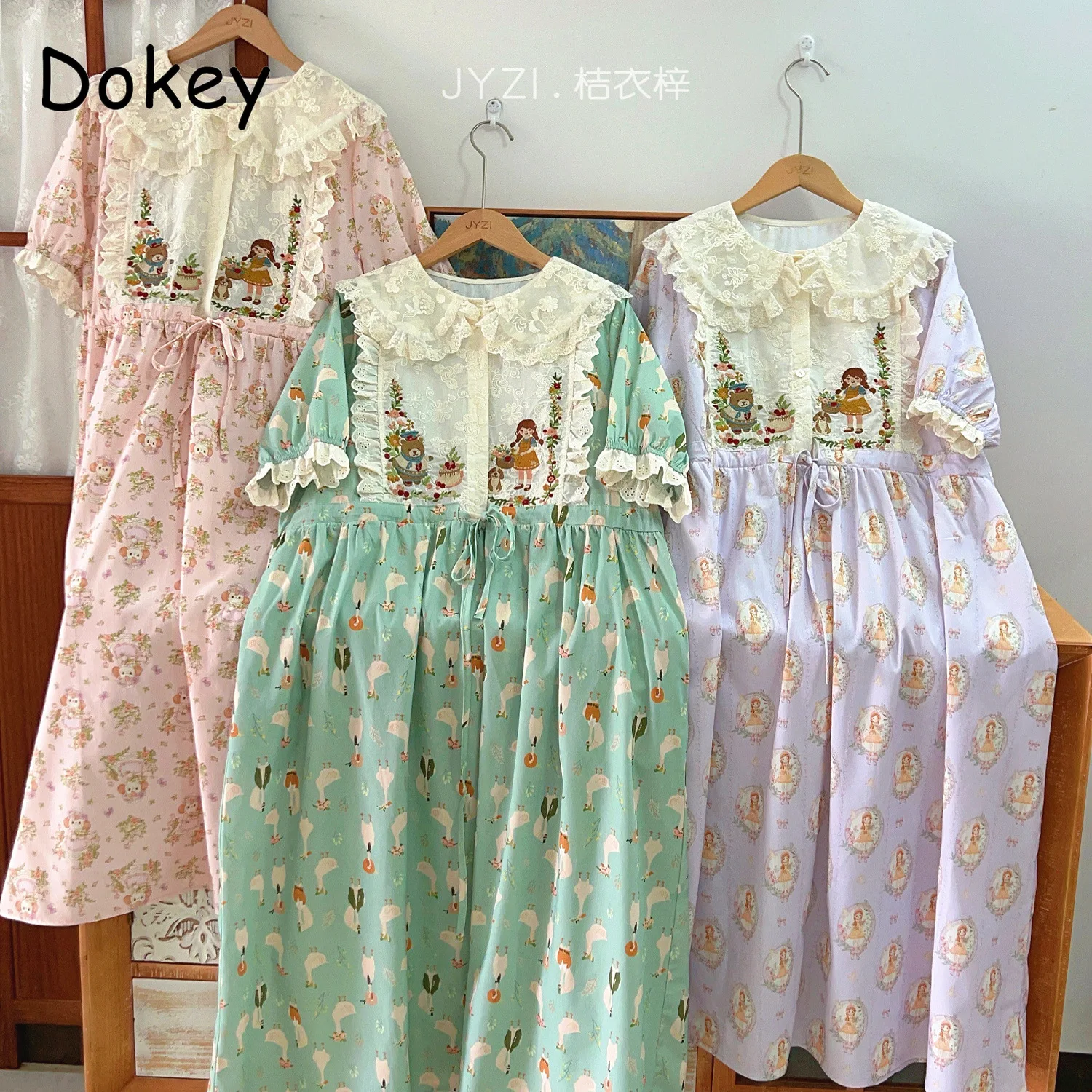 

Japanese Cartoon Print Kawaii Dress Women Summer Sweet Mori Girl Peter Pan Collar Lace-up Cotton Linen Dress Casual Midi Vestido