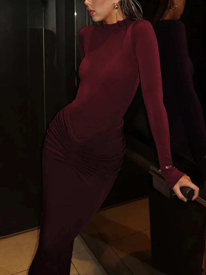 Ruched Dress Women o-NeckFull Sleeve  Skinny Stretch Robe Autumn Trend Simple Classic Pleats Long Bodycon