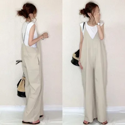 Japanese Vintage Jumpsuit Women 2024 Casual Solid Button Wide Leg Suspender Pants Summer Loose Overalls Rompers Outfit Clothes