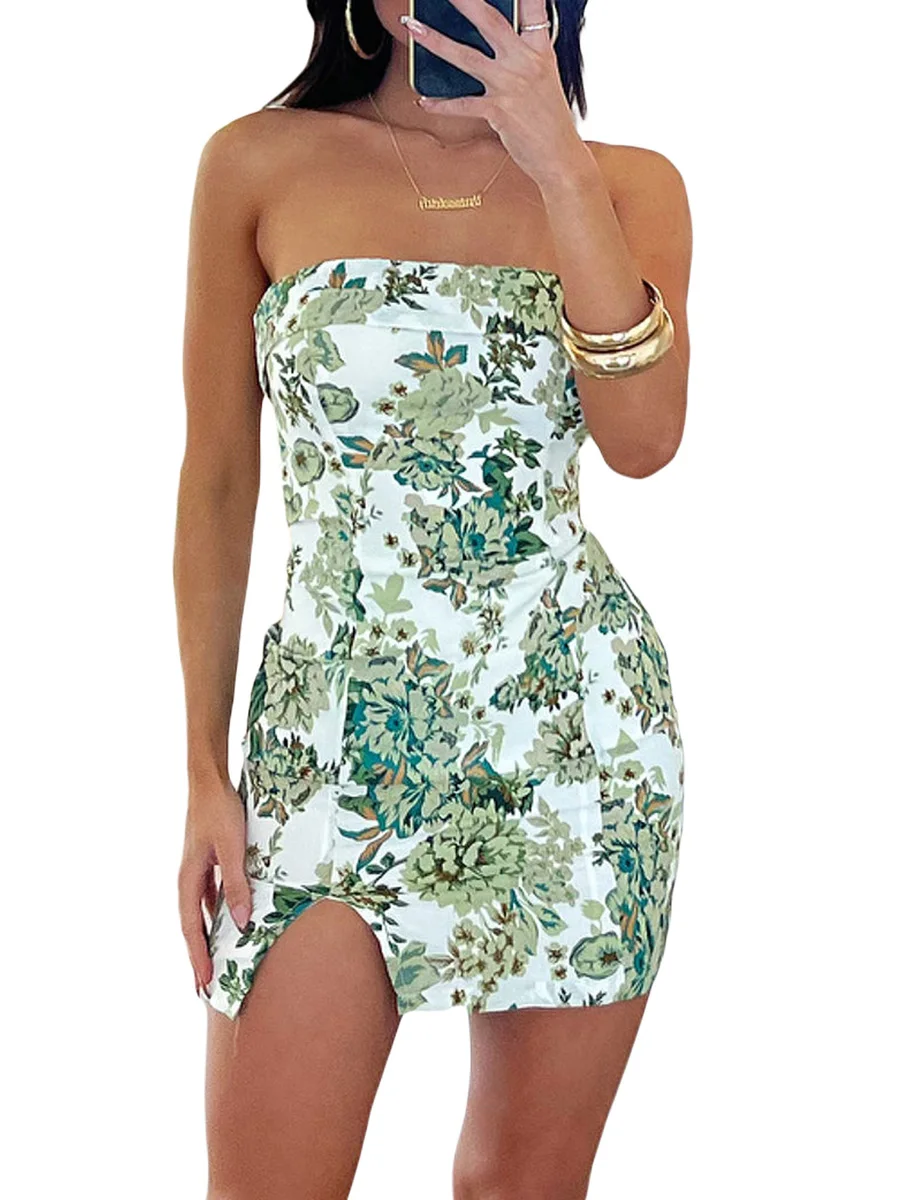 

Summer Women s Floral Tube Dress Y2K Strapless Bodycon Mini Dress Sexy Short Bandeau Dress with Side Slit for Club