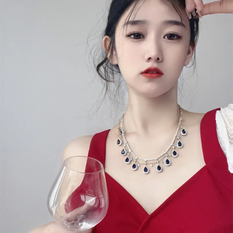 

MDL Moissanite Style Jewelry Models Full Of Diamonds Imitation Royal Sapphire Set Necklace Luxury Party Teardrop Pear Necklace