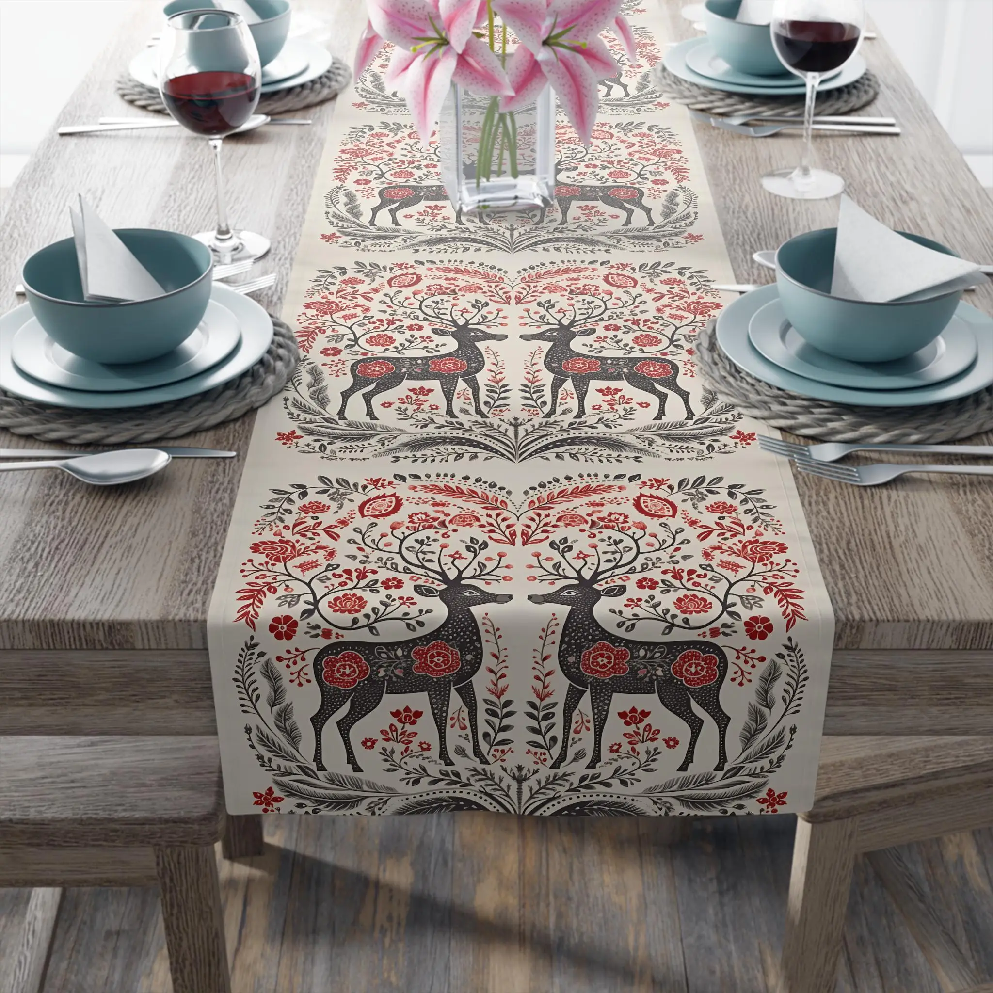 Woodland Animals Table Runner, Fox Rabbit Squirrel Mushroom Forest Nature Kitchen Dining Room Table Scarf Cottage Party Decor