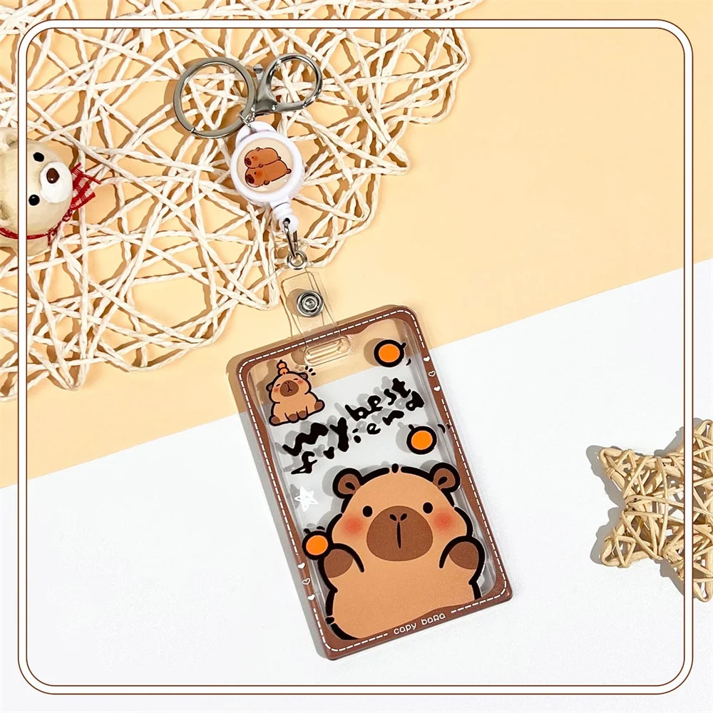 Tempat Kartu Tempat Kartu Foto Kapibara Lucu dengan Gantungan Kunci Kotak Pelindung Foto Transparan Hadiah Alat Tulis Lengan Lencana Siswa
