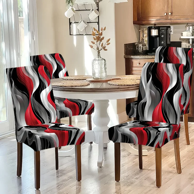 2/4/6pcs Artistic Red Black White Wave Print Stretch Dining Chair Cover – Removable Washable Modern Abstract Slipcover