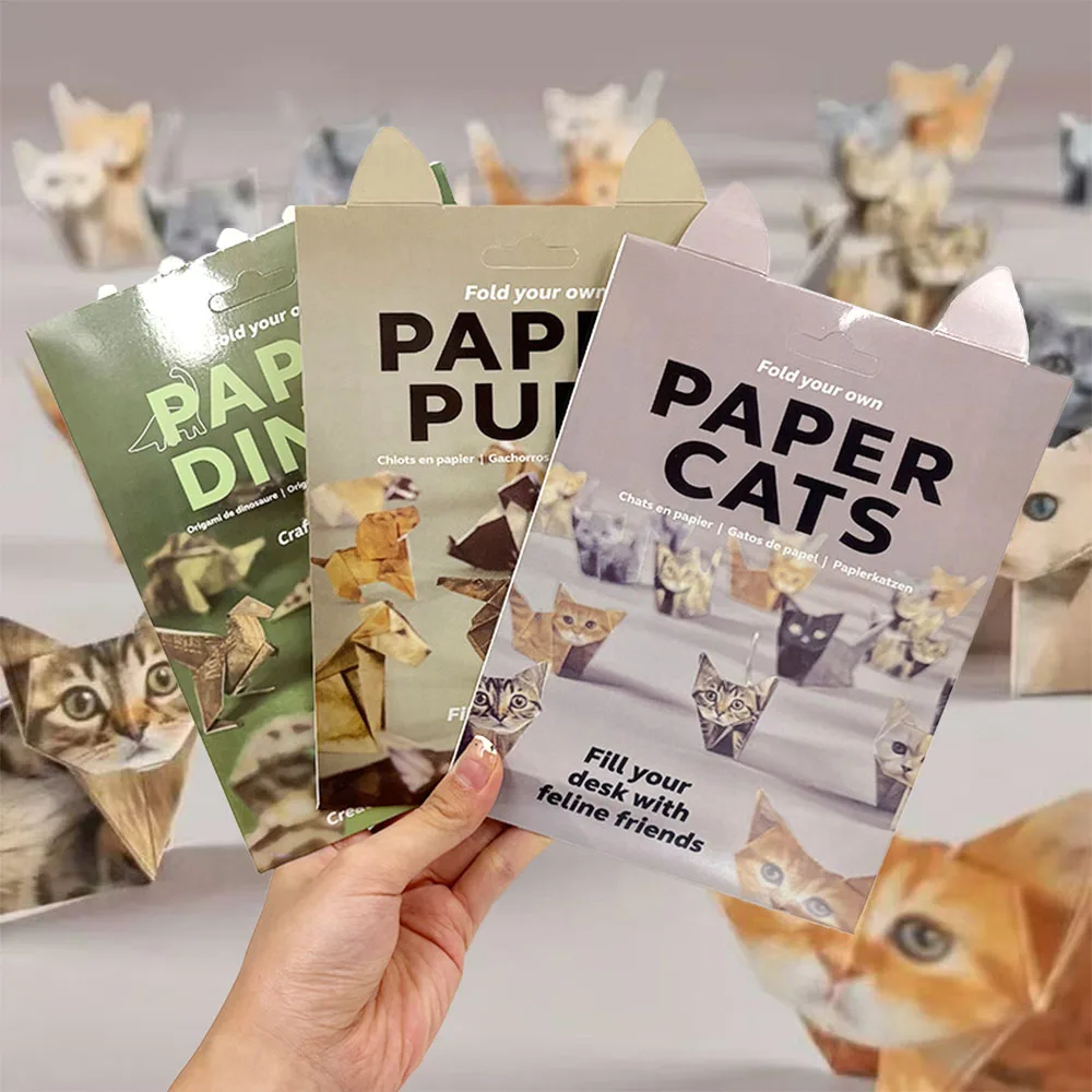 Kit de Papel para Origami para Amantes de Gatitos, Diseño de Gatos, Cachorros y Dinosaurios, 50 Páginas, Hecho a Mano para Principiantes, Manualidad DIY para Aliviar el Estrés, Set de Papercraft