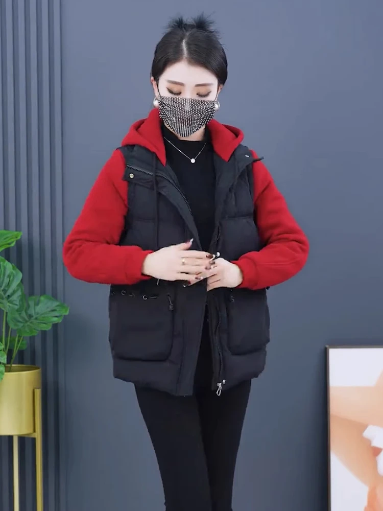 

Women's Thiened Cotton Jaet Hooded Patchwork Warm Autumn Winter New Faion Casual Vest Sle Zipper Closure Long Sve