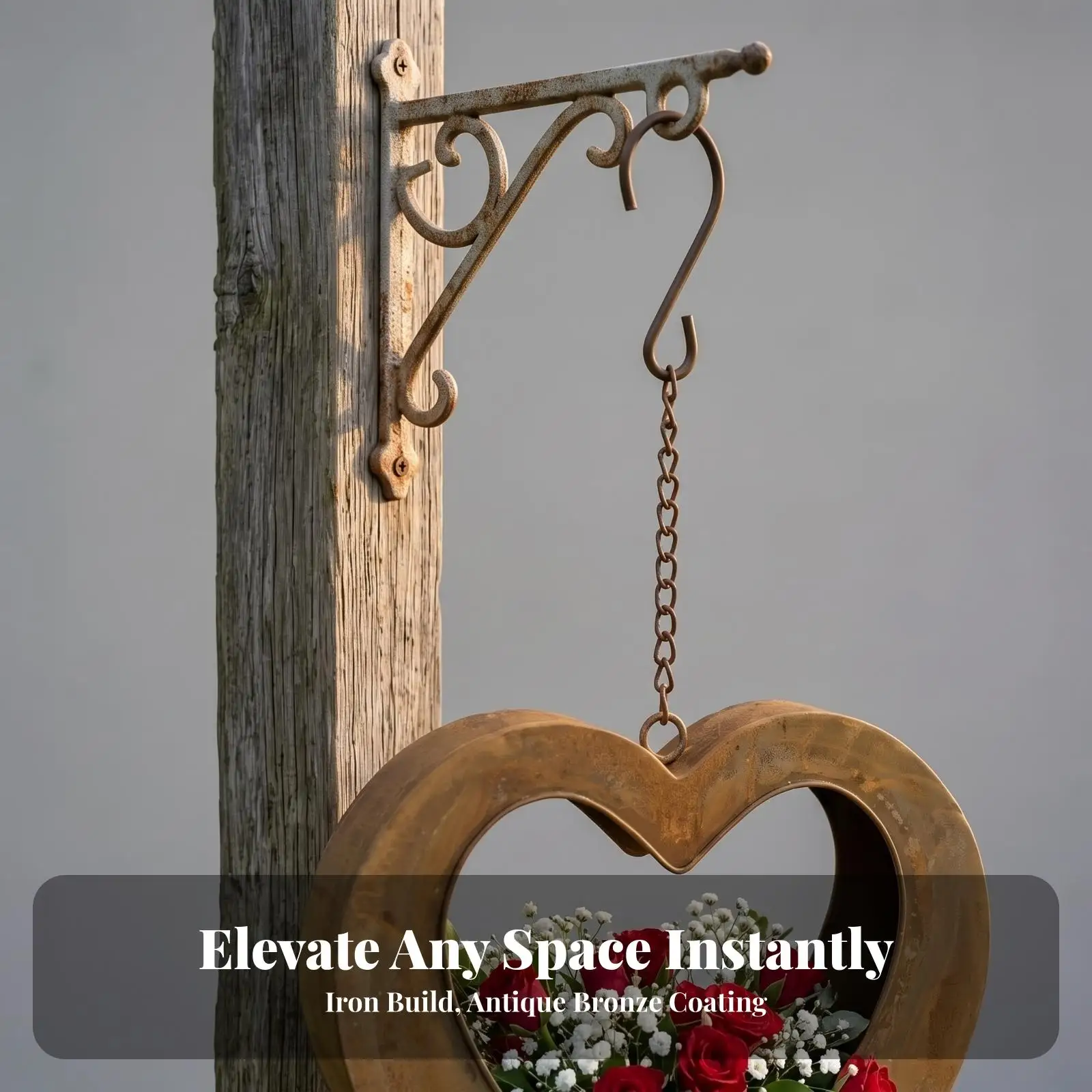 Rustic Iron Heart Hanging Planter with Chain for Outdoor Garden Wall Fence Decor Balcony Flower Pot
