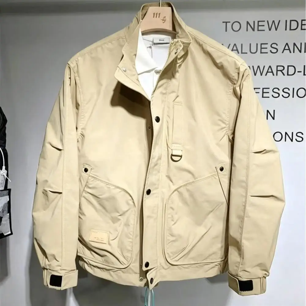 Retro Stand Collar Jacket Men's Fashion High End Simple Casual Workwear Polyester Fiber Long Sleeve Zipper Closure Coat