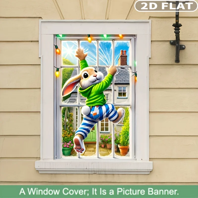 2D Flat 1pc Easter Bunny Window Banner, Rabbit Window Cling - 80x120cm Durable Polyester Flag, Easy Hang, No Power Needed