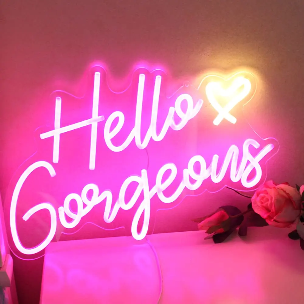 

Hello Gorgeous Neon Sign - Pink LED Dimmable Wall Light 16.5x10.6in - Wedding, Bachelorette Party Decor - Bedroom/Beauty Salon