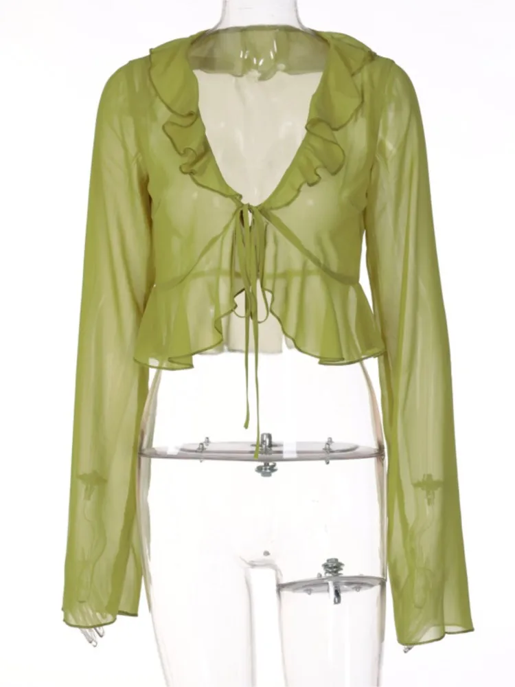 

2026 Summer Women's Clothing New See Through Tops Deep V-neck Long-sleeved Transparent Top Solid Color Temperament All-match