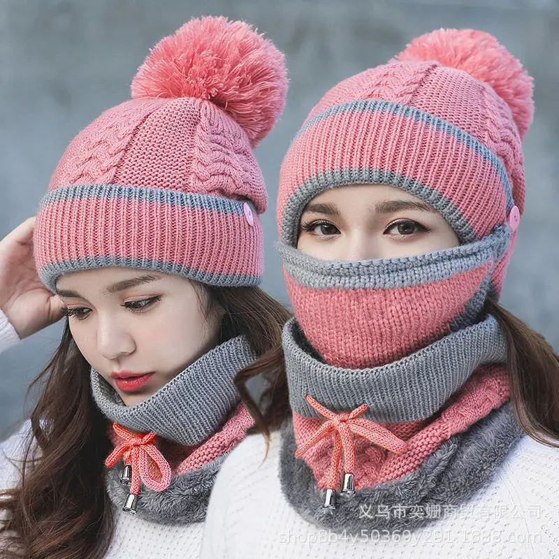 Winter Woolen Yarn Hat Warm Knitted Hat Sweet Cute Mask Neck Set Striped Knitted Hat Women Girl Autumn Winter Cute Turban Cap