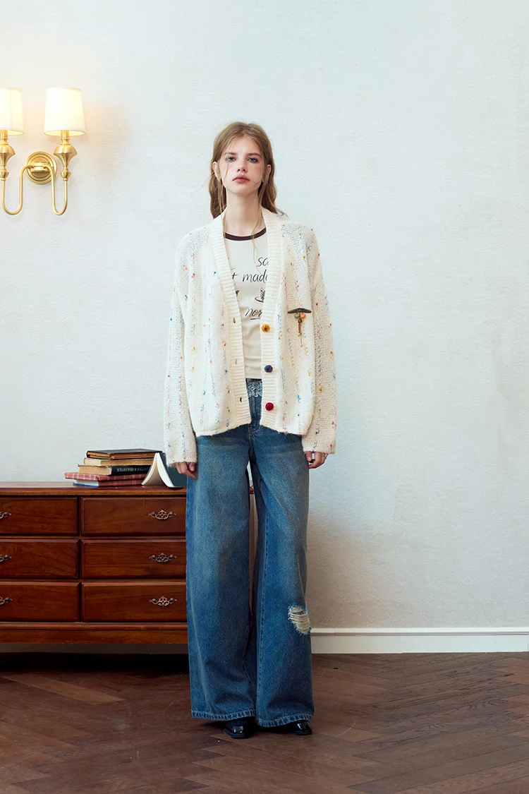 ELFSACK Women's Loose Fit Knit Sweater with Colorful Speckles & Pumpkin Buttons, Casual Daily Top