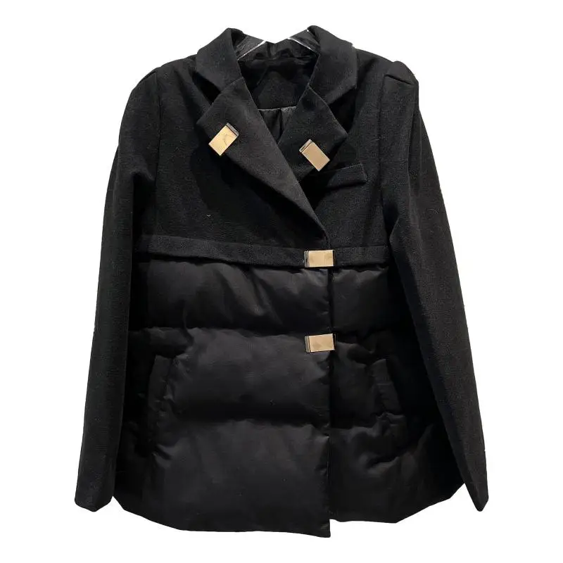 Black Cotton Jacket Autumn Winter Women's Chic Square Buckle Woolen Splicing Warm Suit Cotton-padded Coats Thick Loose Outerwear