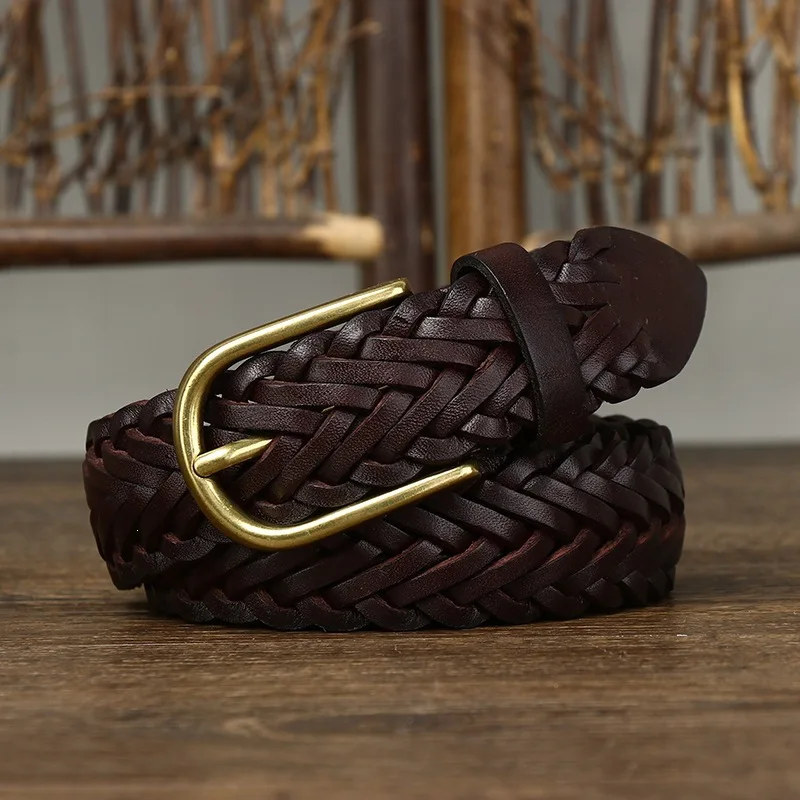 Top-Grain Cowhide 3cm Wide Belt Hand-Woven Braided Leather Buckle Versatile Pin Buckle Trouser Belt