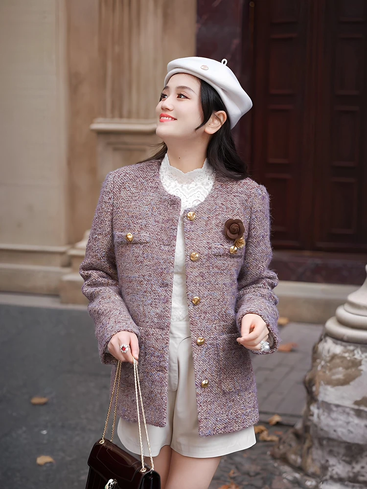 

Фиолетовая женская модная куртка-пуховик в французском стиле, теплая, приталенная, из смесового полиэстера, зимняя новинка