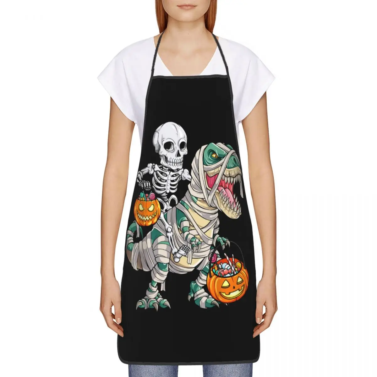 Custom Unisex Skeleton Mummy Dinosaur T Rex Pumpkin Chef Cooking Baking Apron Men Women Halloween Tablier Cuisine for Gardening