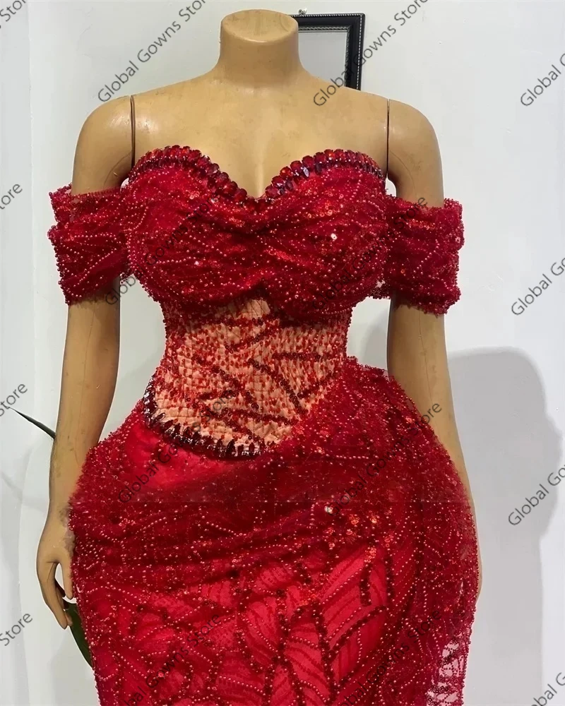 Aso Ebi Red Lace Beaded Off The Shoulder Mermaid Evening Dresses 2025 Sparkly Crystals Wedding Party Gowns Prom Dress Customized image 3