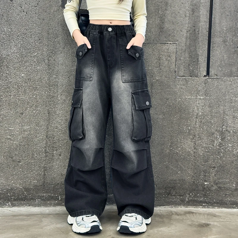 ZOETOPKID Kids Vintage Distressed Jeans with Pocket Girls Y2K High Street Denim Pants Teens Child Baggy Cargo Jeans Trousers