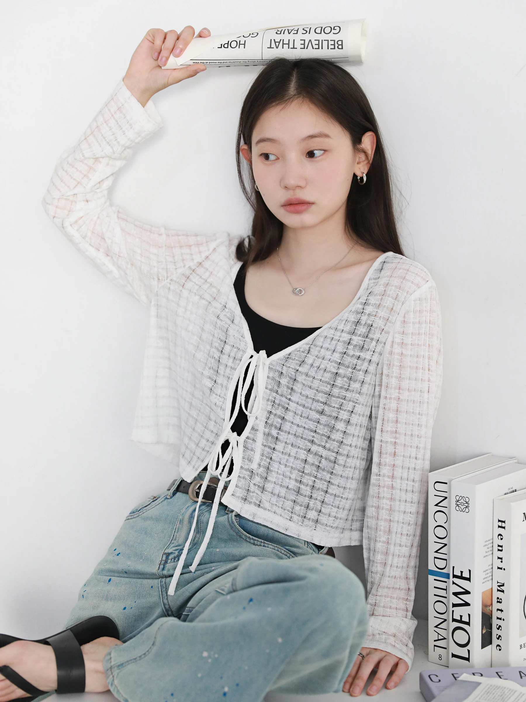 CHIC VEN レディース カーディガン ゆったり カジュアル 無地 Vネック レースアップ ニット セーター 透かし編み 女性用 ショートコート 春秋 2025