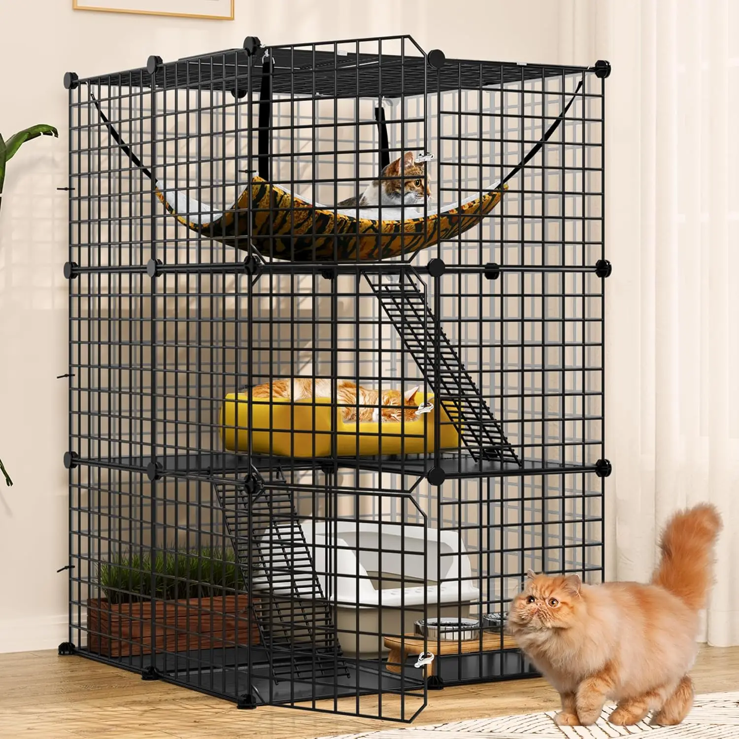 Cat Cage Indoor Catio DIY Cat Enclosures Metal Cat Playpen 3-Tiers Kennels Pet Crate with Extra Large Hammock for 1-2 Cats