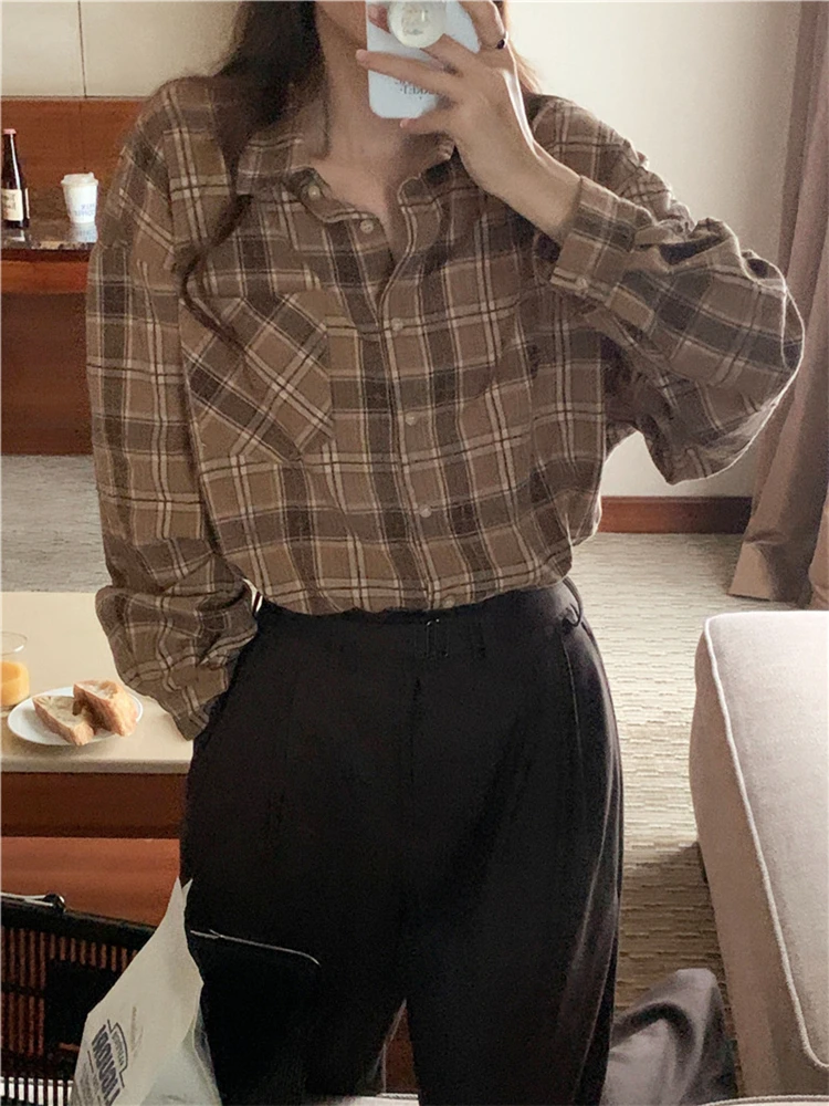 Colorfaith BL10336 New 2024 Checkered Wild Pockets Vintage Chic Oversized Korean Fashion Women Spring Summer Blouses Shirts Tops