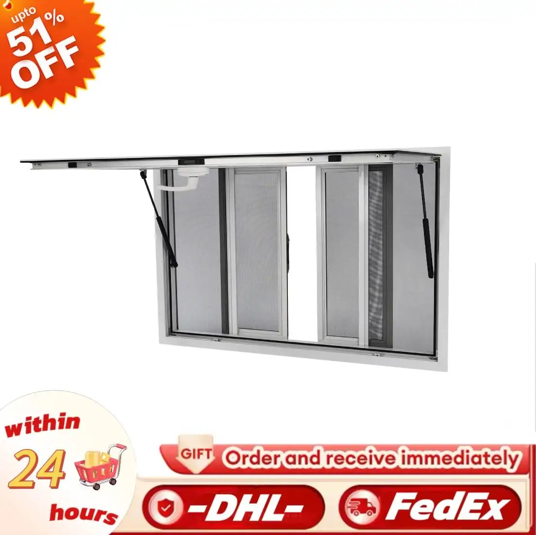

Концессионное окно 45 × 30 дюймов для пищевых грузовиков Серебряное оконное обслуживание пищевых грузовиков с 4 экранами Водонепроницаемое окно для пищевых грузовиков