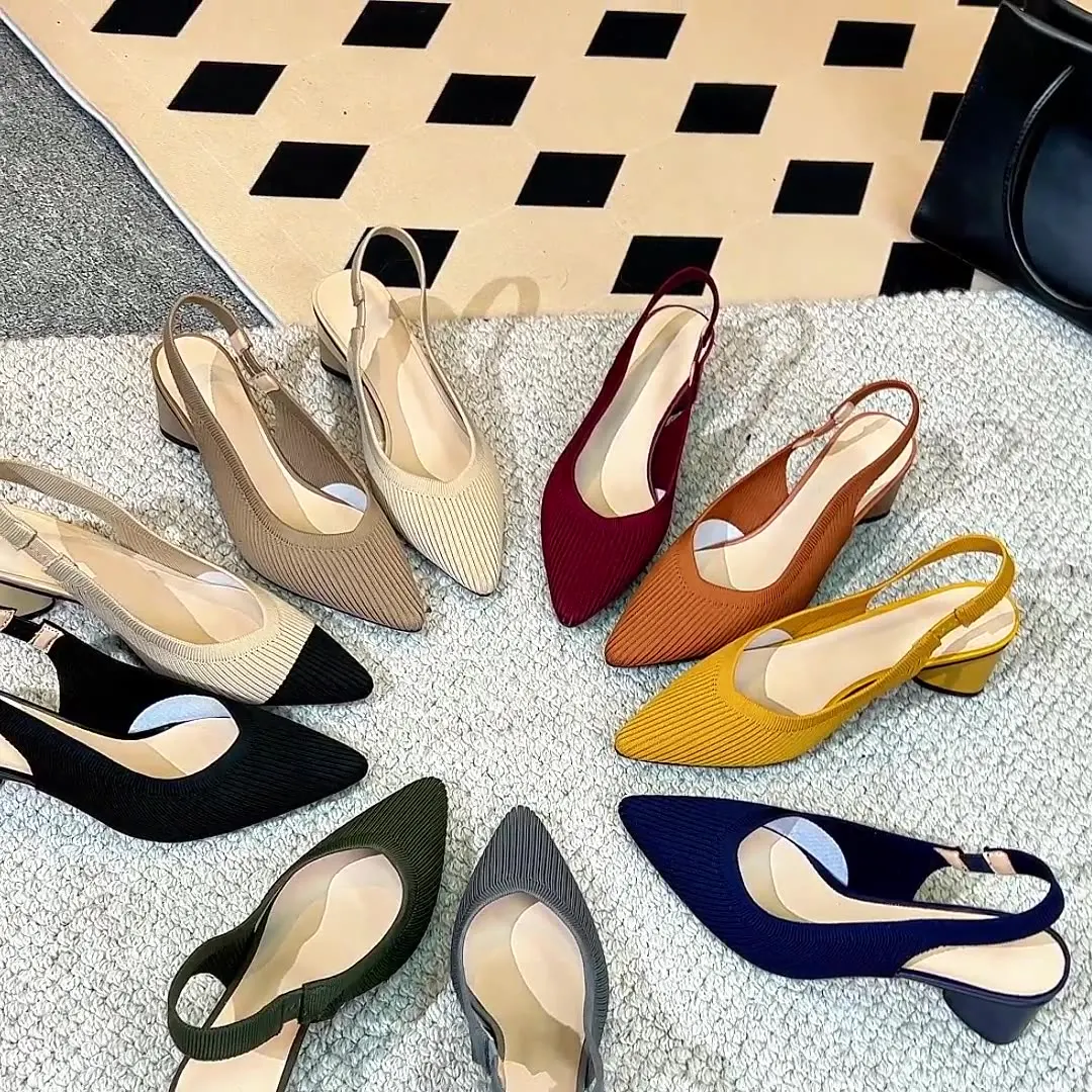 

Gorasion Women's Shoes Knitted Back Strap Fashion Sandals Pointed Toe Shallow Mouth Side Strap Daily Thick Heeled Sandals