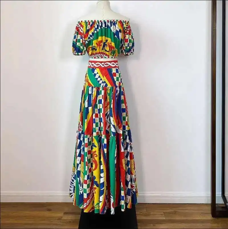 JAMERARY Runway Floral Two-piece Set For Women Summer Sexy Crop Tops Print A Line Maxi Long Skirts Suits Beach Outfits