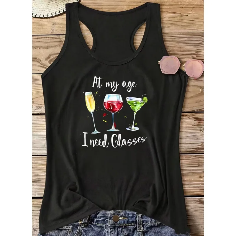 Women's racing tank top with glasses quote pattern，Fun Drinking SlogansTShirt，Casual everyday wear