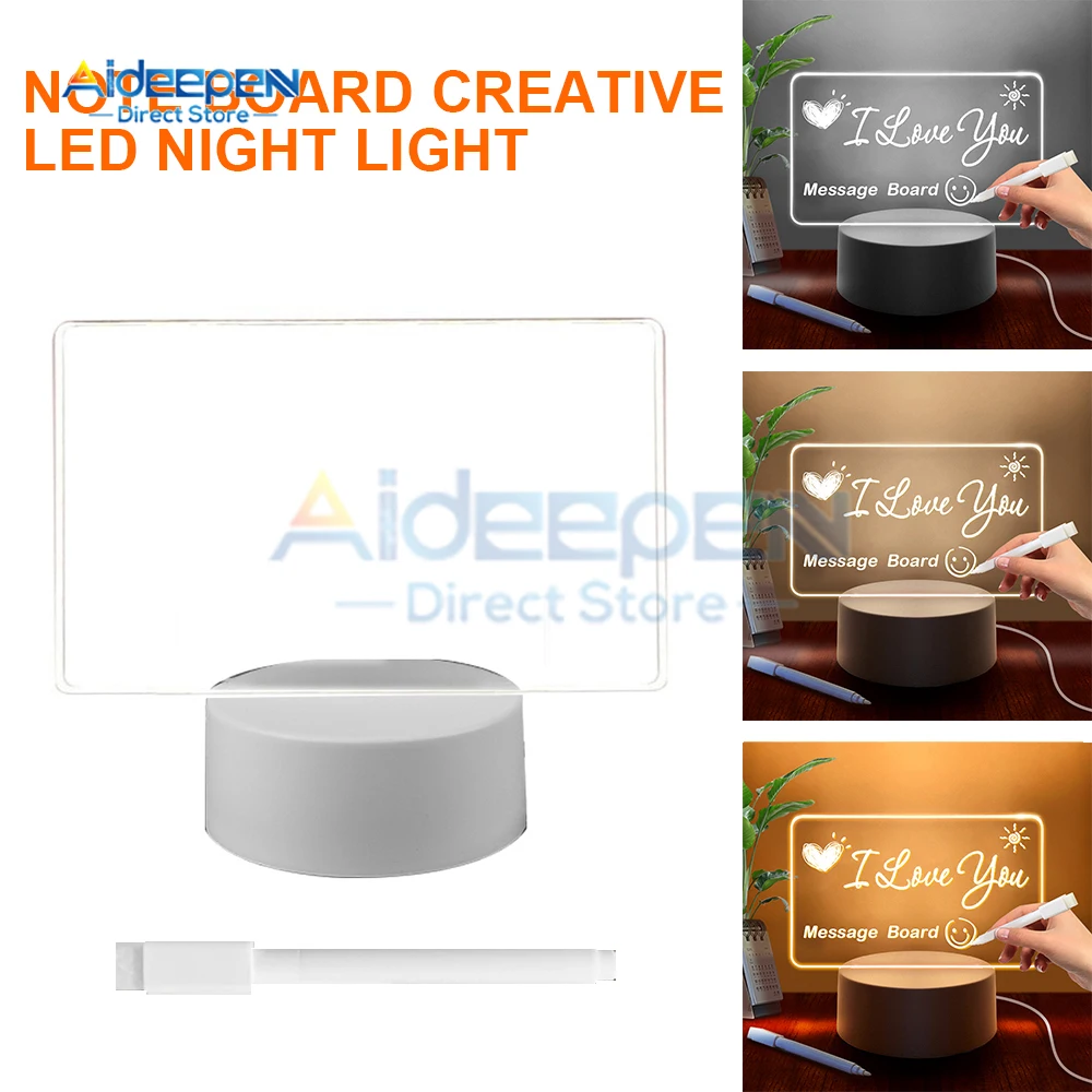 Tablero de notas LED creativo, luz nocturna, tablero de mensajes regrabable USB, luz suave cálida para niños, decoración de novia, lámpara nocturna